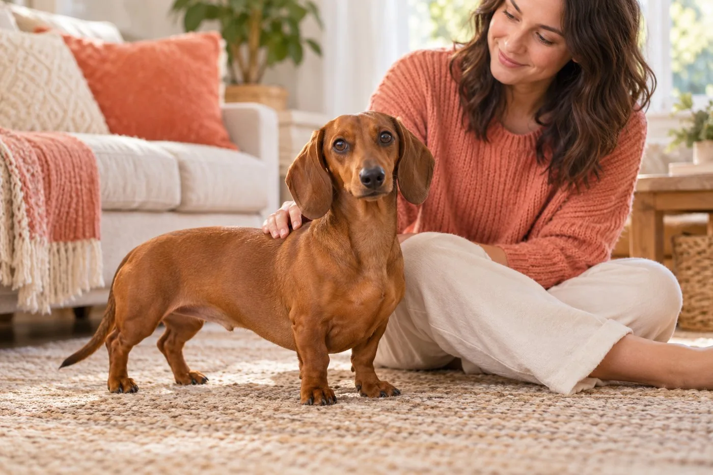 A smooth-haired red miniature Dachshund standing beside its owner at home